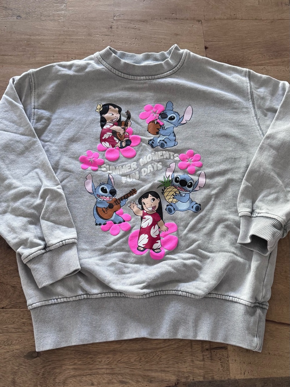 Zara Kids Grey Lilo & Stitch Graphic Sweatshirt Tropical Pink movie sz 8-9 years